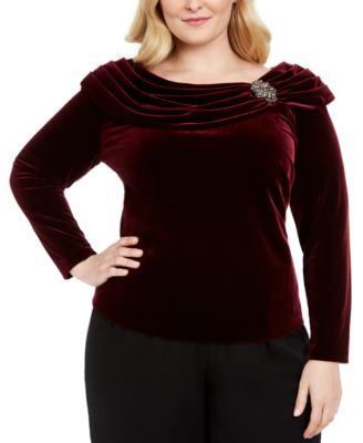 Alex Evenings - Plus Size Velvet Ruched-Collar Top