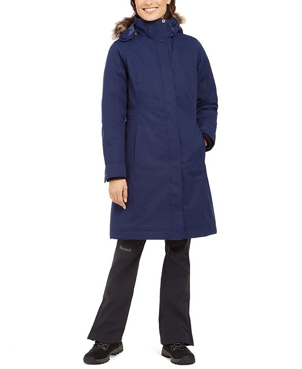Marmot Women's Hooded Faux Fur Trim Coat Blue Size Medium