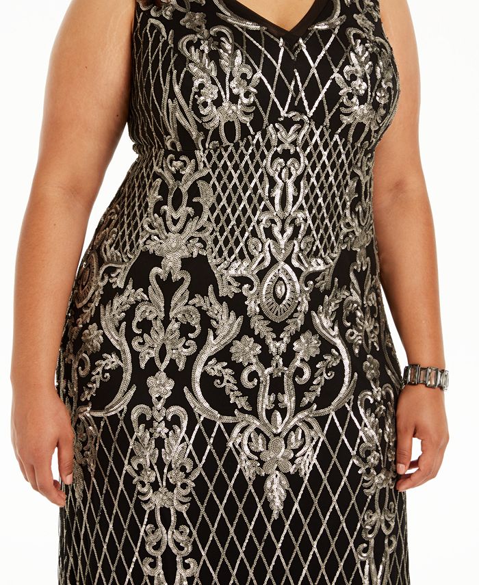 r & m richards plus size sequined godet gown