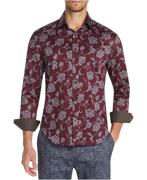 Tallia Men S Slim Fit Stretch Burgundy Floral Long Sleeve Shirt