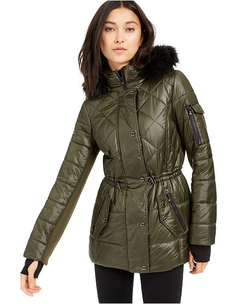 Michael Kors Active Faux-Fur Trim Hooded Anorak Puffer Coat