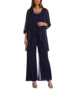 R & M Richards Petite 3-Pc Jacket Embellished Top & Pants Set
