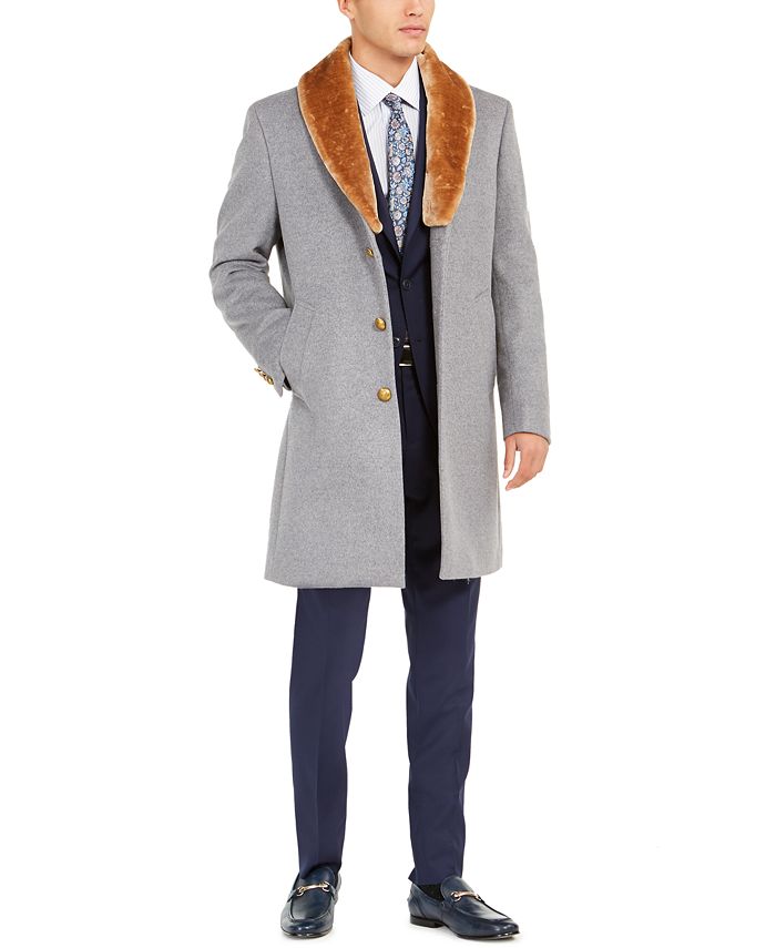 Tallia Men s Faux Fur Trim Overcoat Macy s