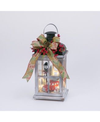 Gerson & Gerson - 15-Inch High Battery-Operated Wood Lantern with Holiday Scene and Timer Feature