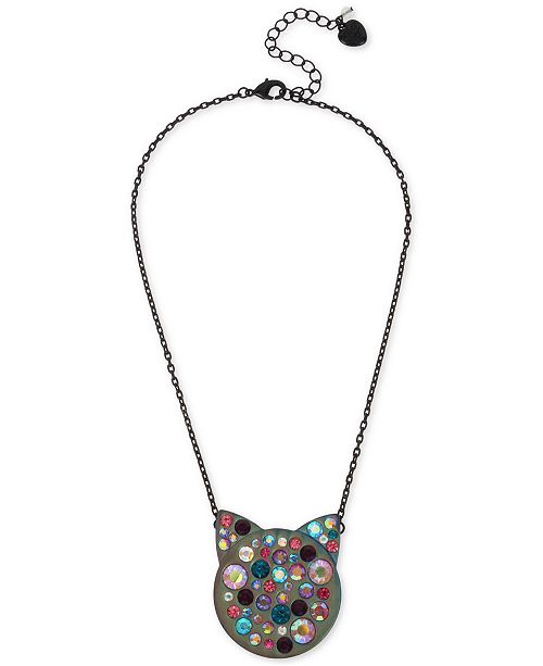 Betsey Johnson Hematite Tone Multi Crystal Cat Face Pendant