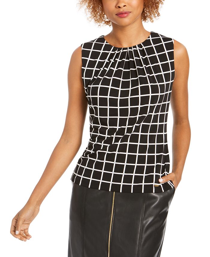 Calvin Klein Printed Pleat-Neck Blouse u0026 Reviews - Tops - Women - Macy's blouse calvin klein