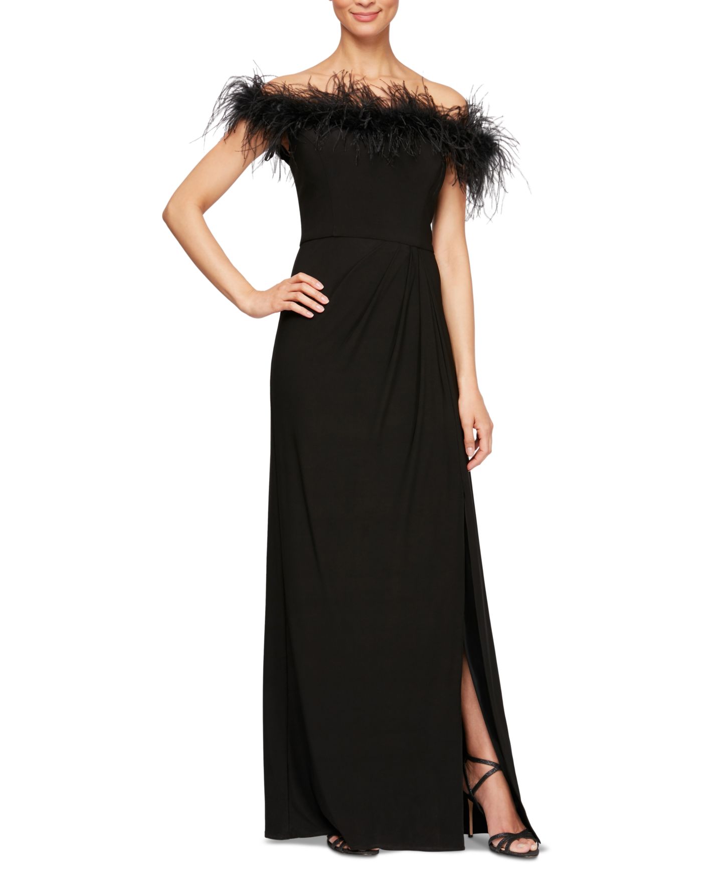 Женское платье Alex Evenings Faux-Feather Off-The-Shoulder Gown, цвет: Чёрный — фото 1