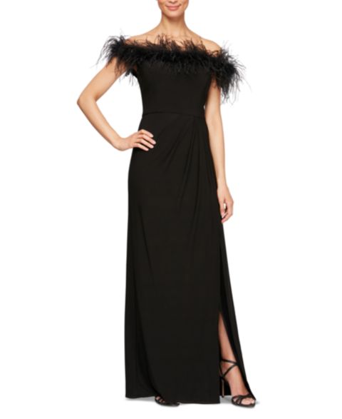 Женское платье Alex Evenings Faux-Feather Off-The-Shoulder Gown, цвет: Чёрный
