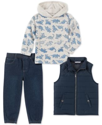 Kids Headquarters - Little Boys 3-Pc. Navy Nylon Vest, Cream Dino Print Jersey Hoodie & Denim Jogger Pants Set