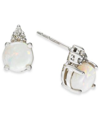 Macy's - Opal (1-1/5 ct. t.w.) & Diamond (1/20 ct. t.w.) Stud Earrings in 14k White Gold