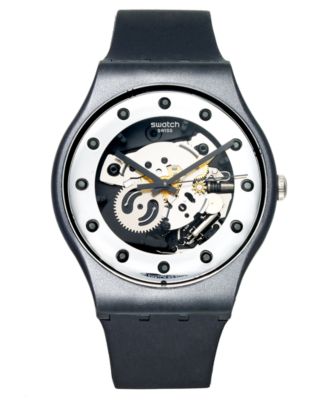 Swatch - Watch, Unisex Swiss Silver Glam Black Silicone Strap 41mm SUOZ147