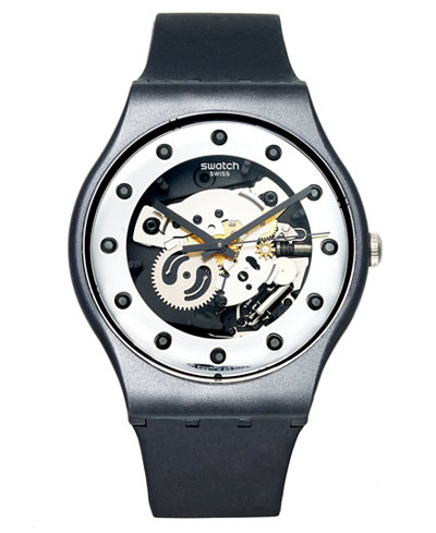Swatch Watch, Unisex Swiss Silver Glam Black Silicone Strap 41mm SUOZ147