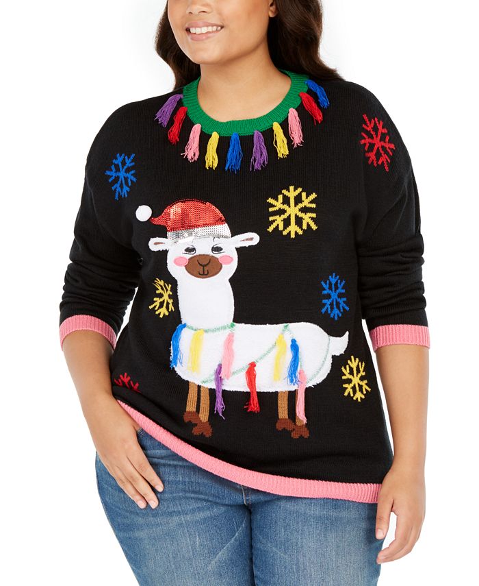 Planet Gold Derek Heart Trendy Plus Size Tassel Trim Llama Sweater