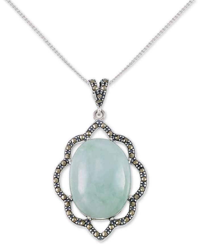Macy's - Jade (15 x 20 x 6mm) & Marcasite Flower 18" Pendant Necklace in Sterling Silver