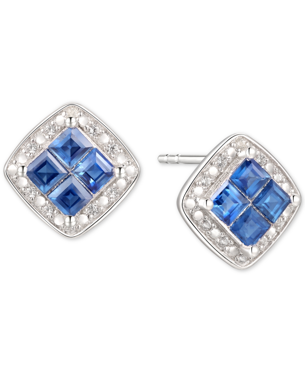 Sapphire (5/8 ct. t.w.) & Diamond (1/20 ct. t.w.) Square Stud Earrings in Sterling Silver - Sapphire