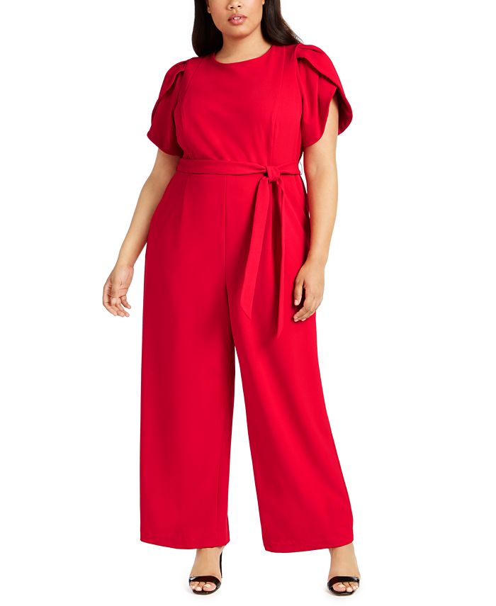 Calvin Klein Plus Size Tulip-Sleeve Belted Jumpsuit & Reviews - Dresses ...