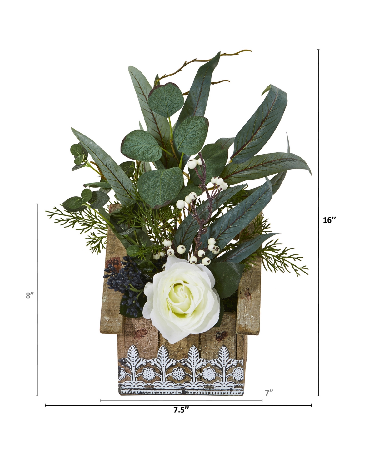 Nearly Natural Rose and Eucalyptus Artificial Arrangement in Hanging Floral Design House Planter
