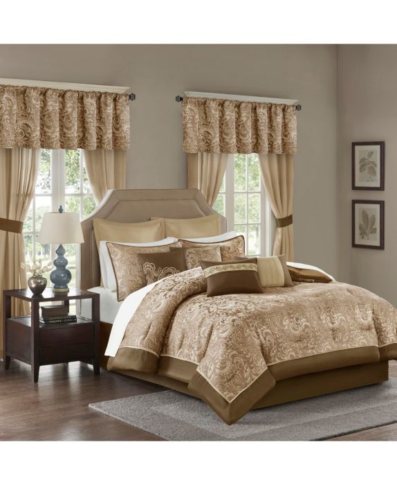 Madison Park 24pc Queen Isabella Room in a Bag Brown: Polyester Jacquard, Paisley Pattern, 180 Thread Count