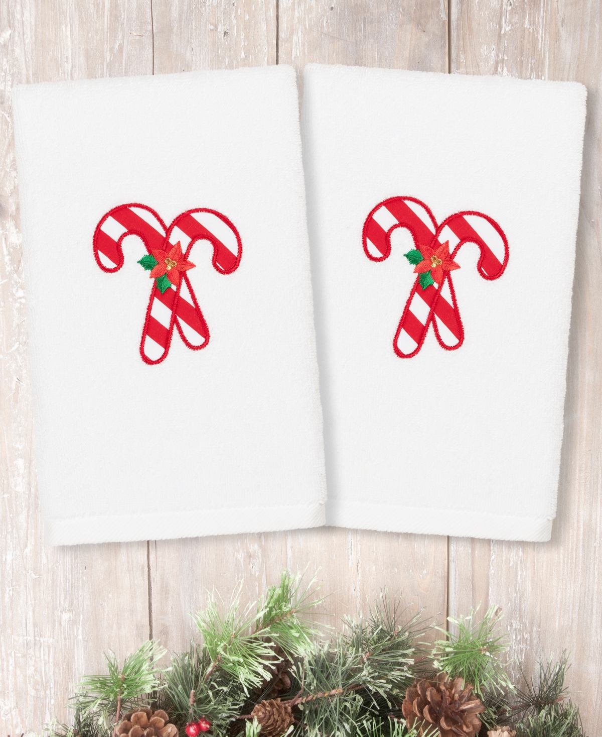 Linum Home Christmas Candy Canes Embroidered 100% Turkish Cotton 2-Pc. Hand Towel Set Bedding