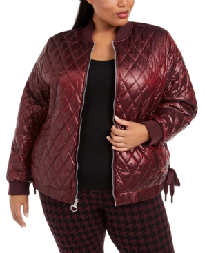 Calvin Klein Performance Plus Size Water-repellent Reversible Lace-up Sides Bomber Jacket In Metallic Burgundy