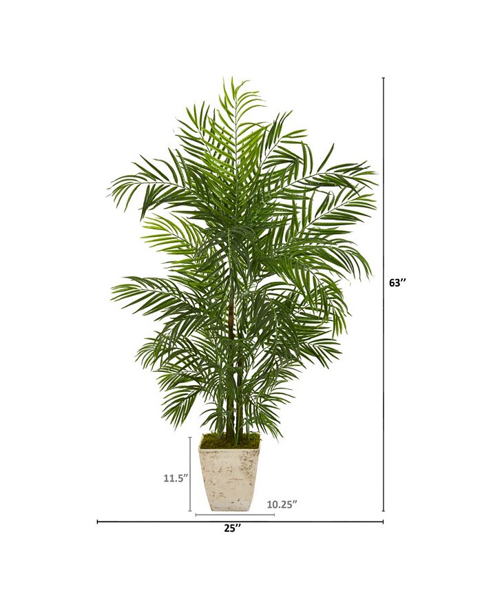 Nearly Natural - 63" Areca Artificial Palm Tree in Country White Planter UV Resistant Indoor/Outdoor