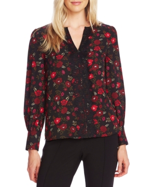 Vince Camuto Floral-print Lace-trimmed Blouse In Rich Black | ModeSens