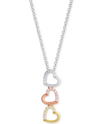 Macy's - Diamond Triple Heart Tricolor 18" Pendant Necklace (1/8 ct. t.w.) in Sterling Silver, Gold-Plate & Rose Gold-Plate
