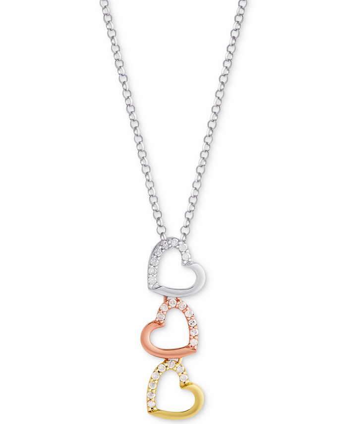 Macy's - Diamond Triple Heart Tricolor 18" Pendant Necklace (1/8 ct. t.w.) in Sterling Silver, Gold-Plate & Rose Gold-Plate
