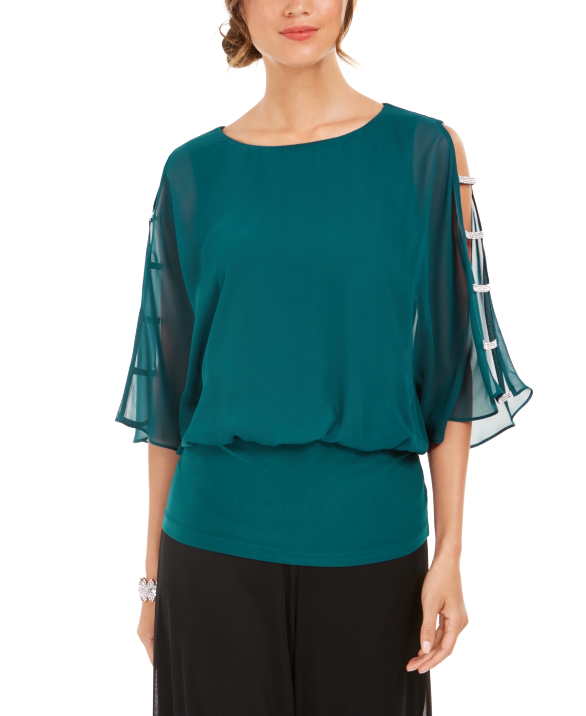 Embellished-Sleeve Top - Emerald Green