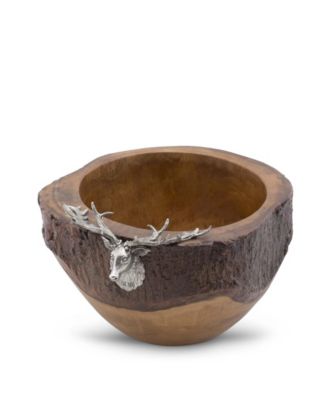 Elk, Deer Head Rustic Wood Salad Bowl with Natural Bark Edge