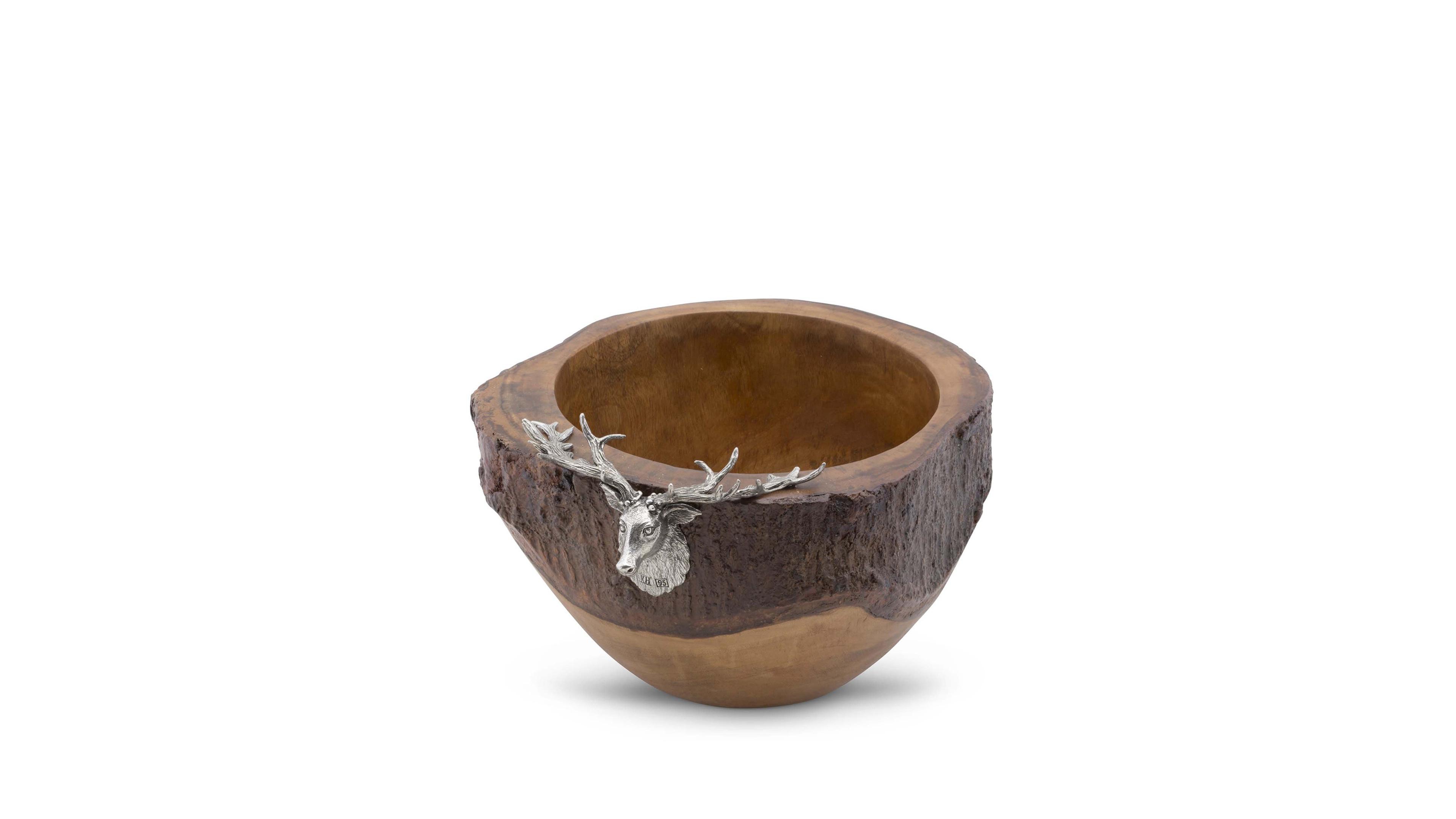 Vagabond House Elk, Deer Head Rustic Wood Salad Bowl with Natural Bark Edge
