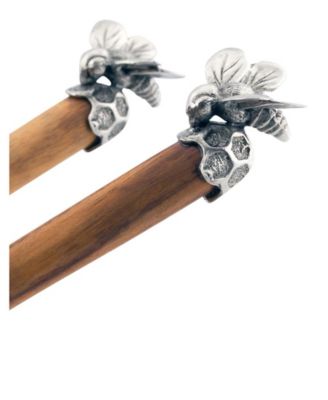 Bee Hive Shaped Wood Salad Bowl and Salad Server Set with Pewter Bee Accent