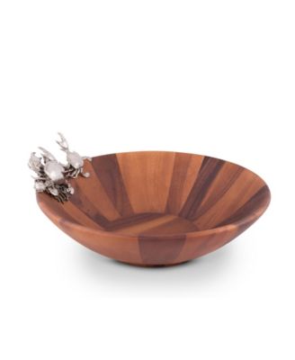 Wood Salad Serving Bowl with Pewter Crab