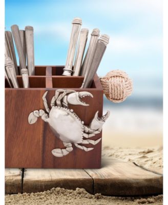 Acacia Wood Caddy Square with 4 Compartments, Crab Accent and Real Rope Handles
