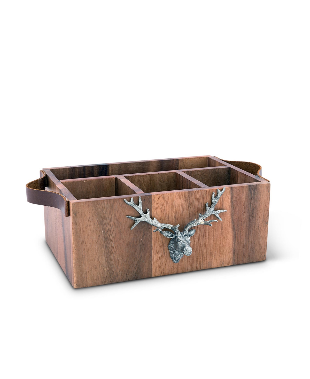Vagabond House Caddy Rectangle Acacia Wood Flatware, Serve Ware, Utensil, Carry-All Holder with SolidRustic Elk Head Accent and Real Leather H