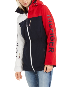 image of Tommy Hilfiger Colorblocked Hooded Logo Rain Jacket