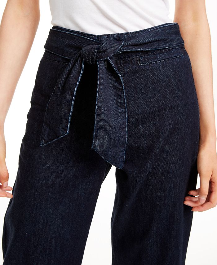 Wide Leg Tie Waist Jeans Indigo | Cropped Drawstring Denim Pants Australia