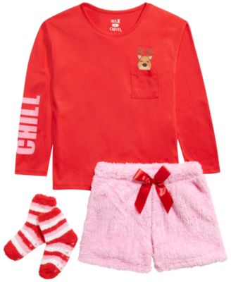 Max & Olivia - Big Girls 3-Pc. Reindeer Top, Faux-Fur Shorts & Socks Pajama Set