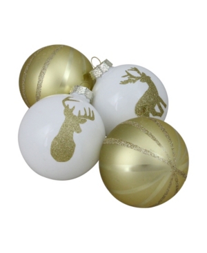 Northlight 4ct Champagne Gold And White Striped Deer Christmas Glass Ball Ornaments 4.5" 100 Mm