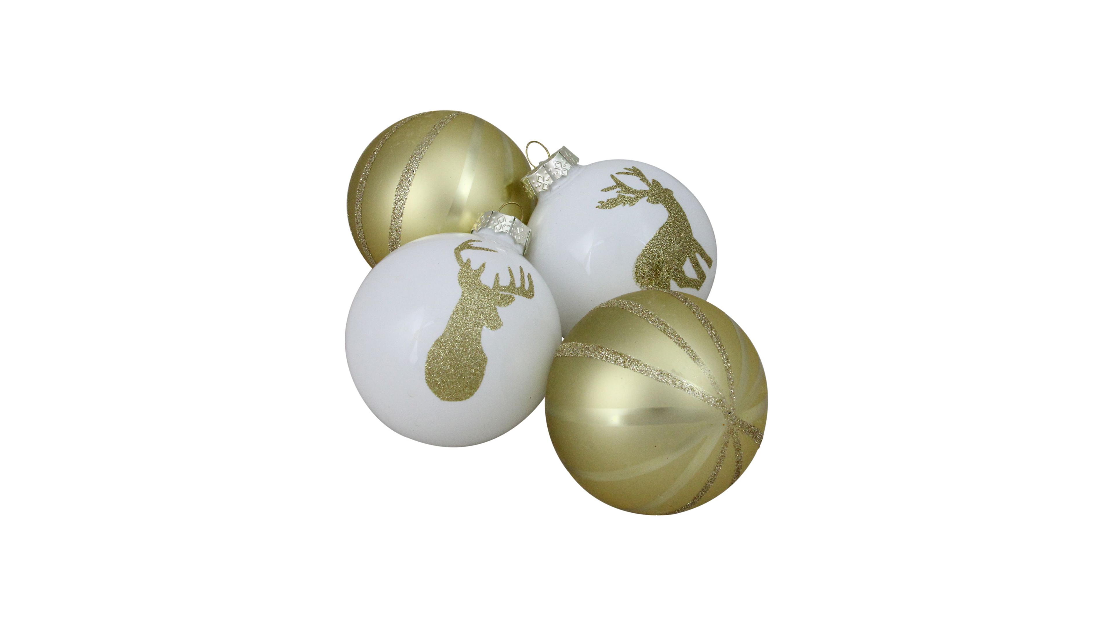 Northlight 4ct Champagne Gold and White Striped Deer Christmas Glass Ball Ornaments 4.5" 100 mm