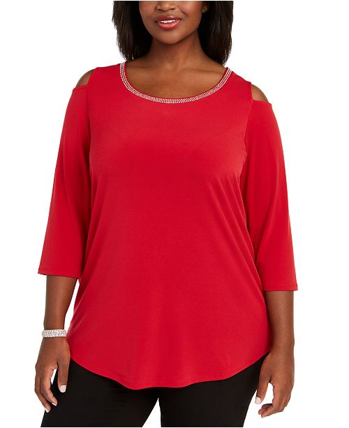 Jm Collection Plus Size Diamonte Trim Cold Shoulder Tunic Created