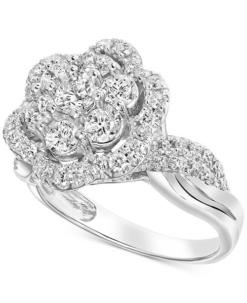 Macy S Diamond Flower Halo Cluster Engagement Ring 1 1 2 Ct T W In 14k White Gold Reviews Rings Jewelry Watches Macy S
