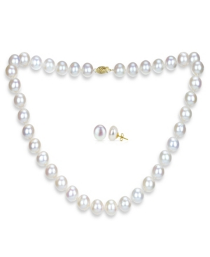 image of White Freshwater Cultured Pearl (11-11.5 mm) Strand Necklace and Stud Earrings Set in 14k Yellow Gold
