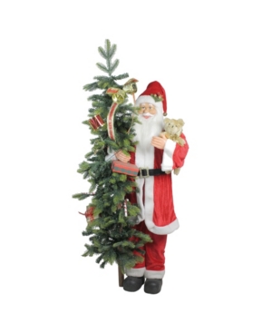 Northlight 50" Musical Standing Santa Claus Figure With Lighted Christmas Tree And Teddy Bear In Red