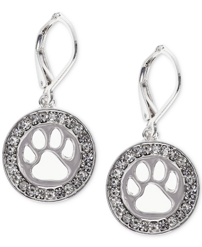 Pet Friends Jewelry - Silver-Tone Pav&eacute; Paw-Cutout Drop Earrings