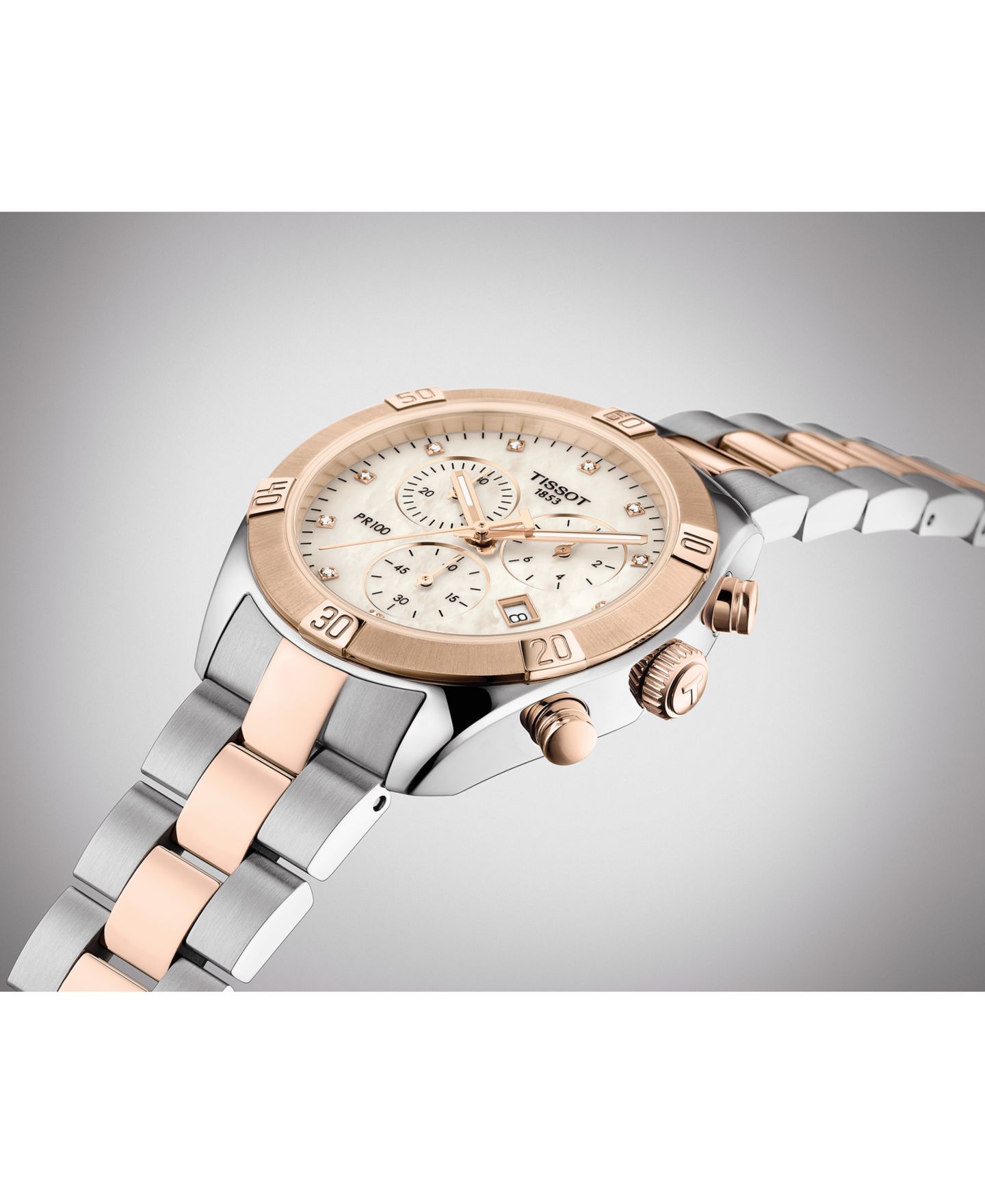 Женские часы Tissot Swiss Chronograph T-Classic PR 100 Diamond (1/20 ct. t.w.) Two-Tone PVD Stainless Steel Bracelet Watch 38mm — фото 5