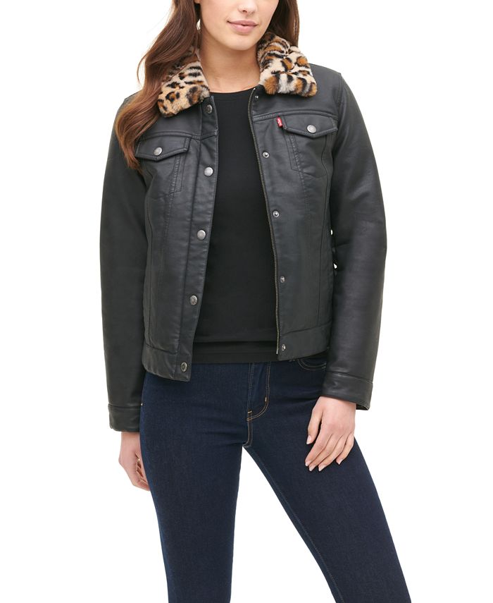 Levi's Women's Faux-Leather Trucker Jacket with Leopard Faux-Fur Lining &  Collar & Reviews - Jackets & Vests - Juniors - Macy's