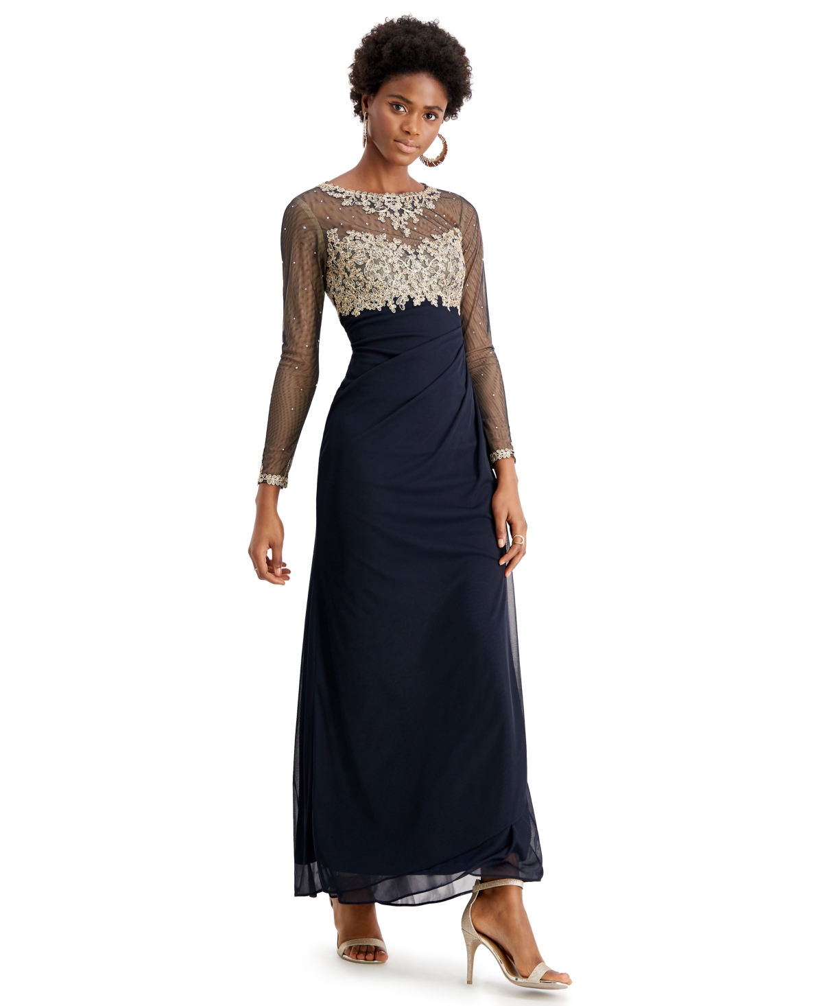 Xscape Petite Embellished Illusion-bodice Ruched Gown In Navy,gold