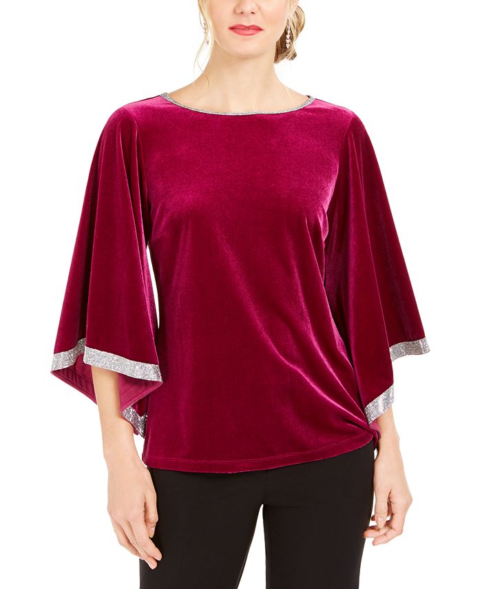 MSK Rhinestone-Trim Velvet Top - Macy's