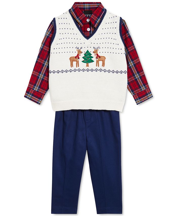 TFW Baby Boys 3 Pc. Holiday Sweater Vest Plaid Shirt Pants Set
